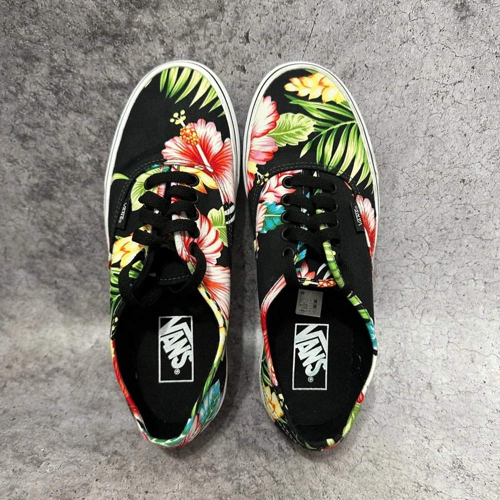 Vans Authentic Sneakers Womens 9 Black Hawaiian Floral Tropical Low Top Canvas